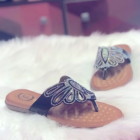 Last Chance BUTTERFLY Black AB Rhinestone Woven Bling Padded Slide Sandals 5.5 6 - Picture 9 of 10